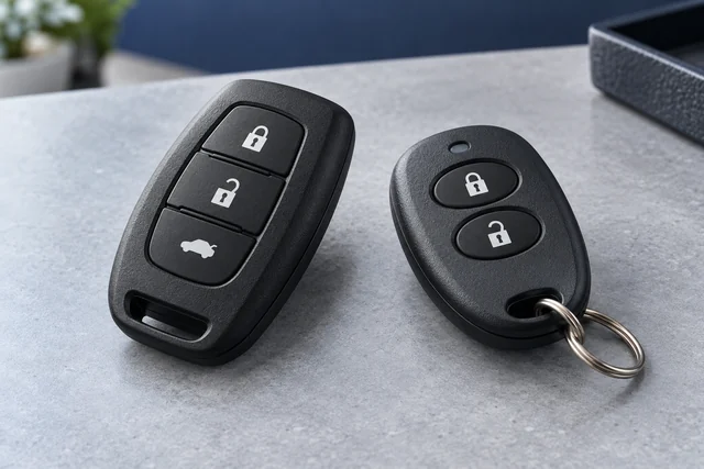 Illustration: Two unbranded replacement car remotes with lock and unlock buttons