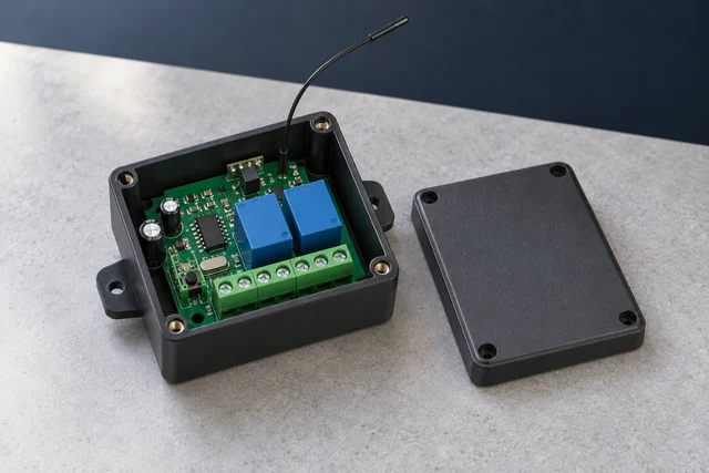 Illustration: Product illustration of a receiver board in an open enclosure with its lid beside it